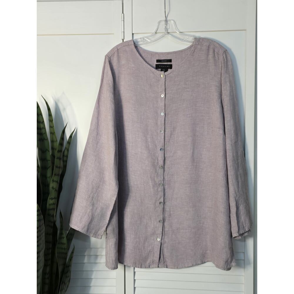 Tahari Tunic Top 1X Purple Gray Linen Button-Up Classic Long Sleeve Coastal 💜